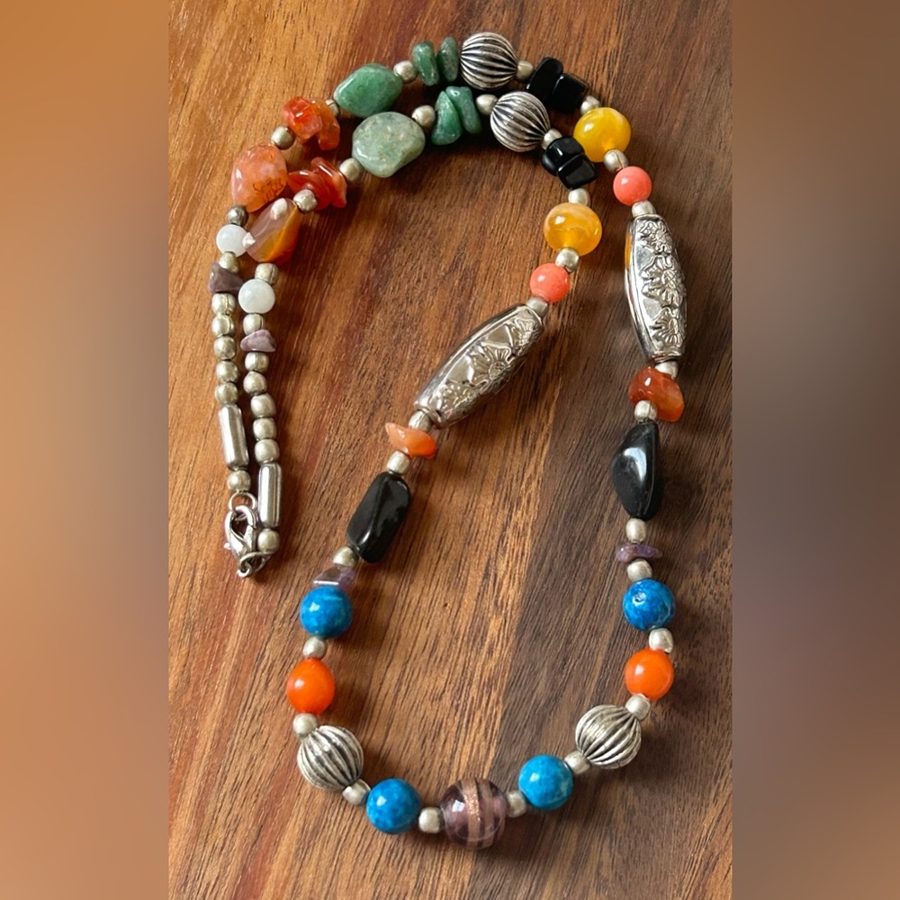 Long Multi-color Natural Gem Stone and Acrylic Necklace